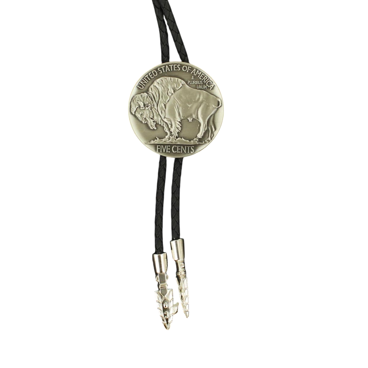 M&F Buffalo Nickel bolo tie featuring a detailed buffalo nickel centerpiece on a black cord for Western style accessories.