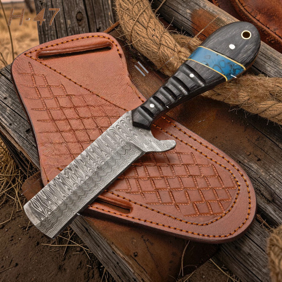 Malika Knives Bull Cutter Knife with 1095 Damascus steel blade and cowboy-style handle, designed for durability and precision.