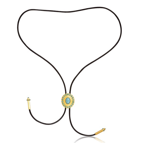 Christina Greene Canyon Sky Turquoise Bolo Tie featuring a turquoise stone and leather cord, stylish southwestern-inspired accessory.