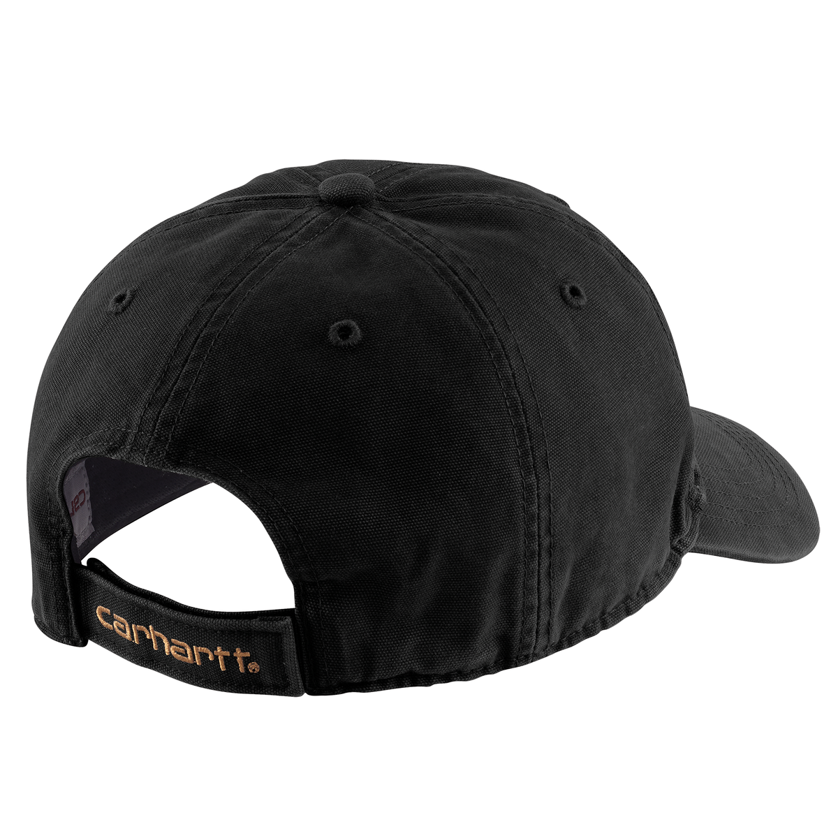 Black Carhartt men's canvas baseball cap with curved brim and adjustable strap, featuring the Carhartt logo on the front.
