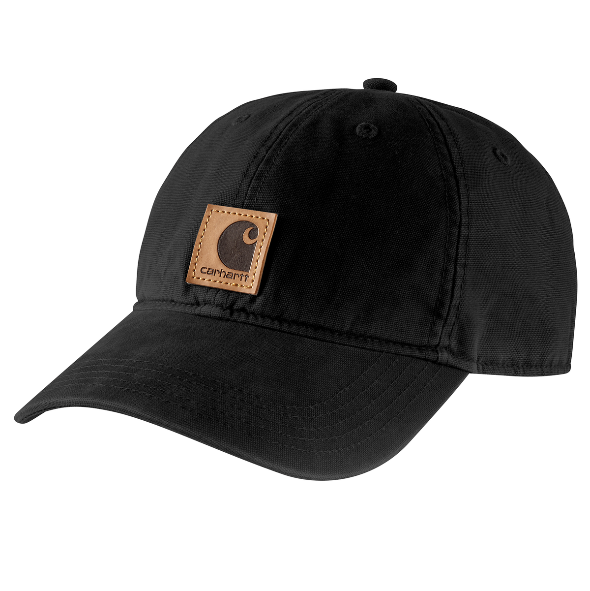 Black Carhartt men's canvas baseball cap with curved brim and adjustable strap, featuring the Carhartt logo patch on the front.