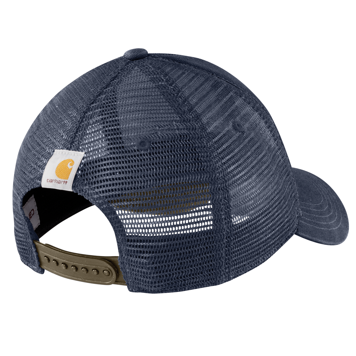 Carhartt men's canvas mesh-back baseball cap with logo graphic in Superstorm and Burnished Logs colors, stylish and durable.