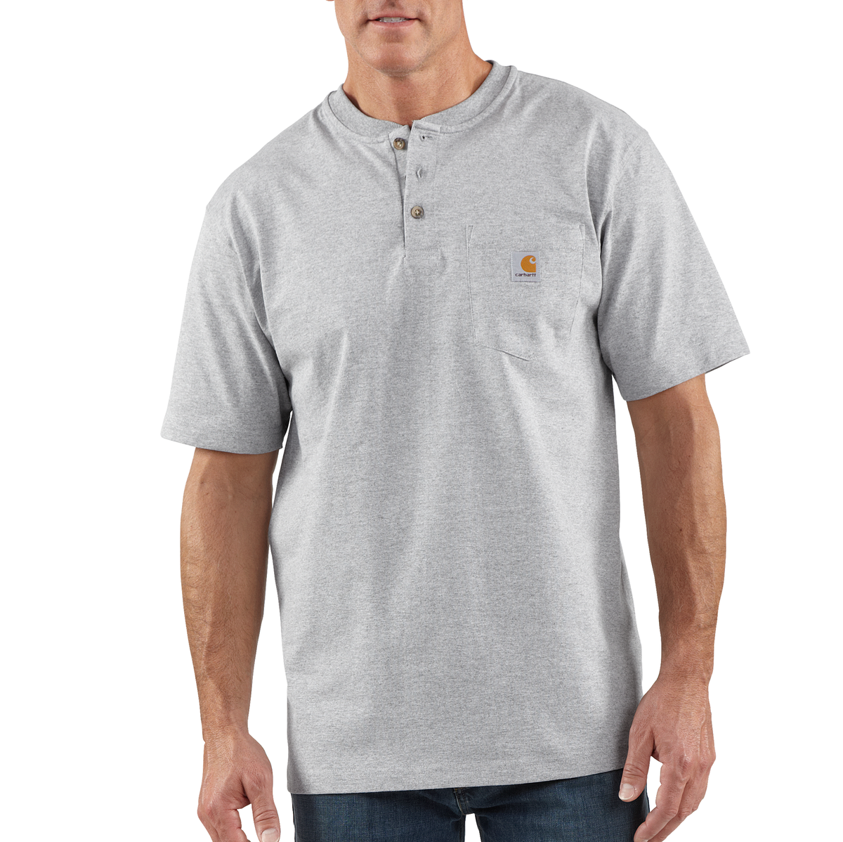 Carhartt Men's Dearborn Loose Henley T-Shirt in Heather Gray, casual fit, soft cotton fabric, featuring a henley neckline.