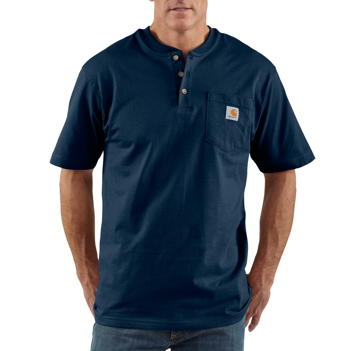 Carhartt Men's Dearborn Loose Henley T-Shirt in navy, casual short-sleeve shirt with button placket and relaxed fit.