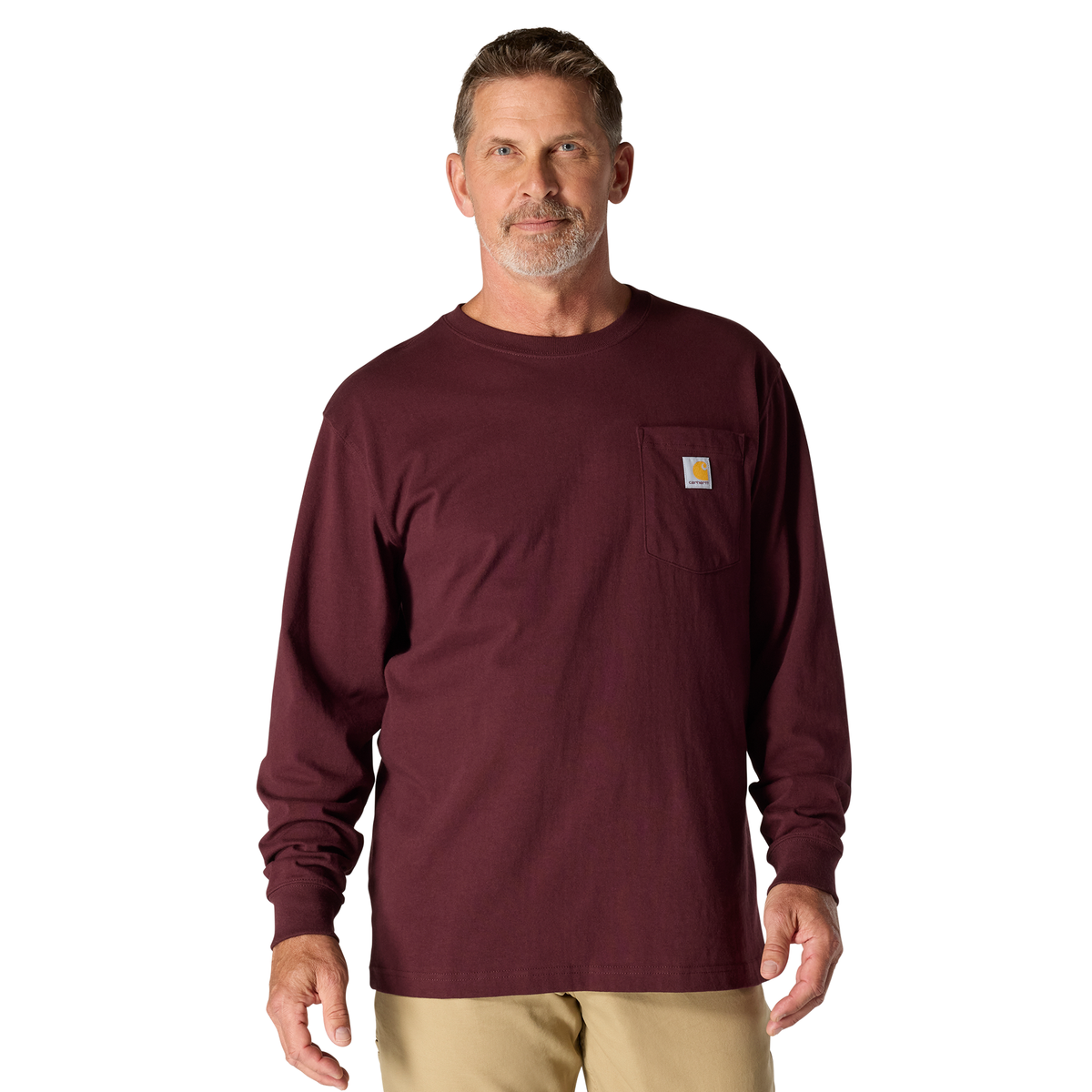 Carhartt Men's Dearborn Loose LS T-Shirt in port color, casual long-sleeve T-shirt made of soft fabric with a relaxed fit.