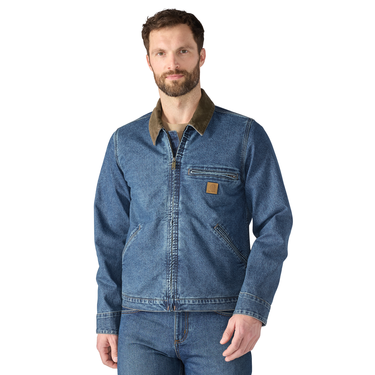 Carhartt men's Muskegon overcoat with durable denim material, relaxed fit, and rugged design for outdoor wear.