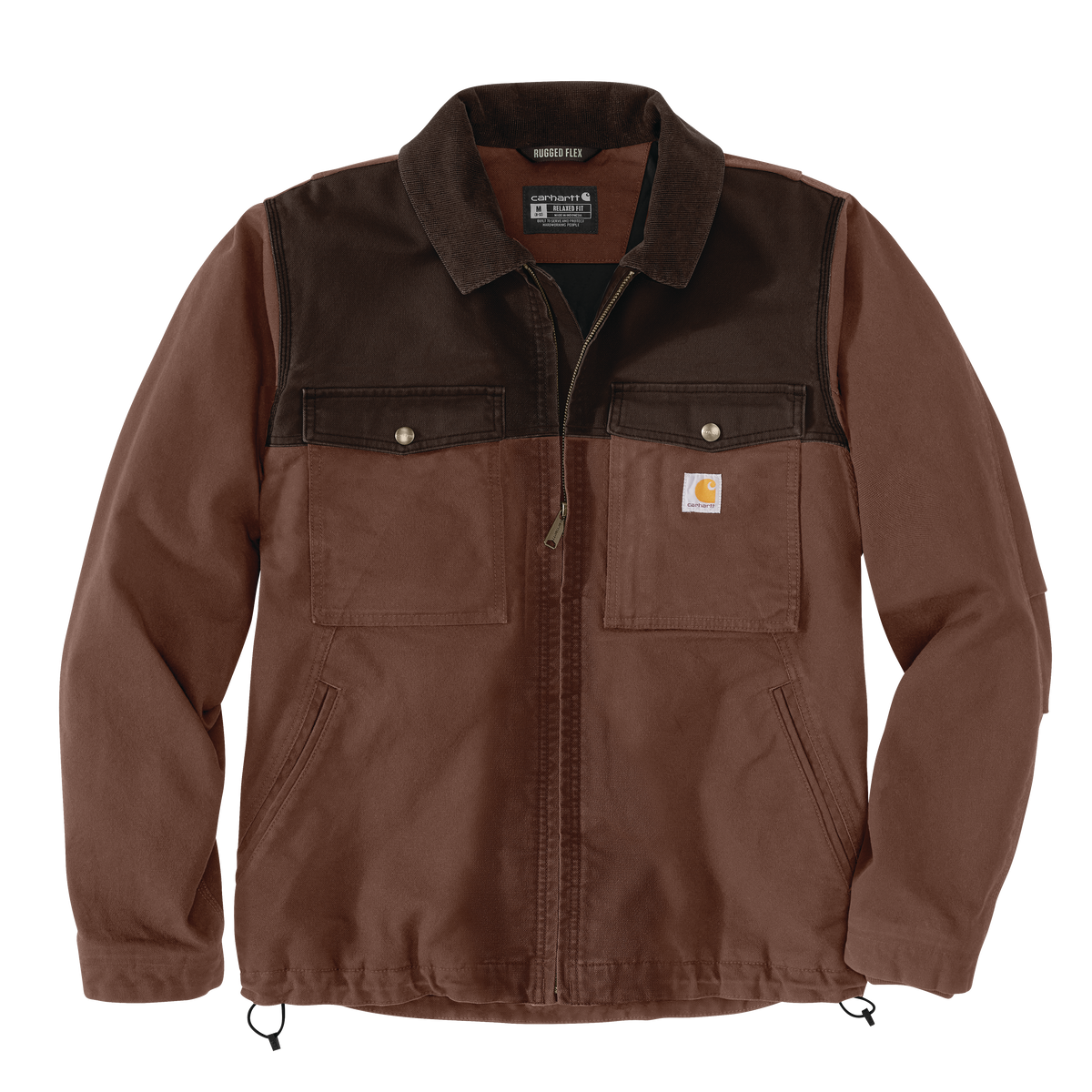 Carhartt Men's Montana Rugged Flex insulated duck jacket in dark coffee and dark brown, relaxed fit overcoat with warm lining.