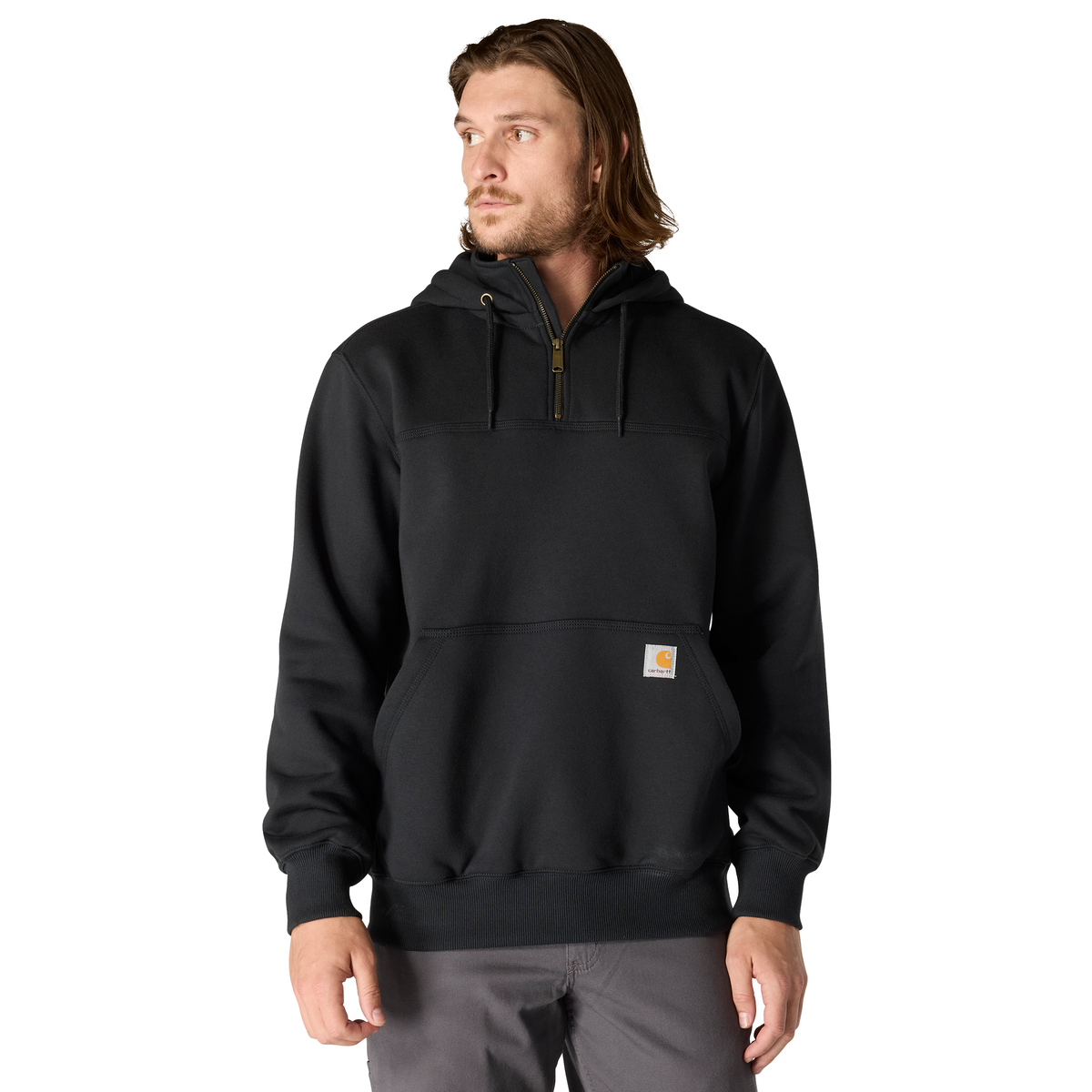 Black Carhartt men's Paxton 1/4-zip sweatshirt with ribbed cuffs and collar, made of durable, comfortable fabric.