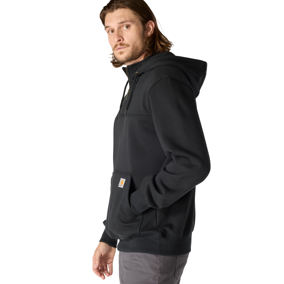 Black Carhartt Men's Paxton 1/4-Zip Sweatshirt, casual fleece with quarter-zip closure and ribbed cuffs, front pocket, comfortable fit.