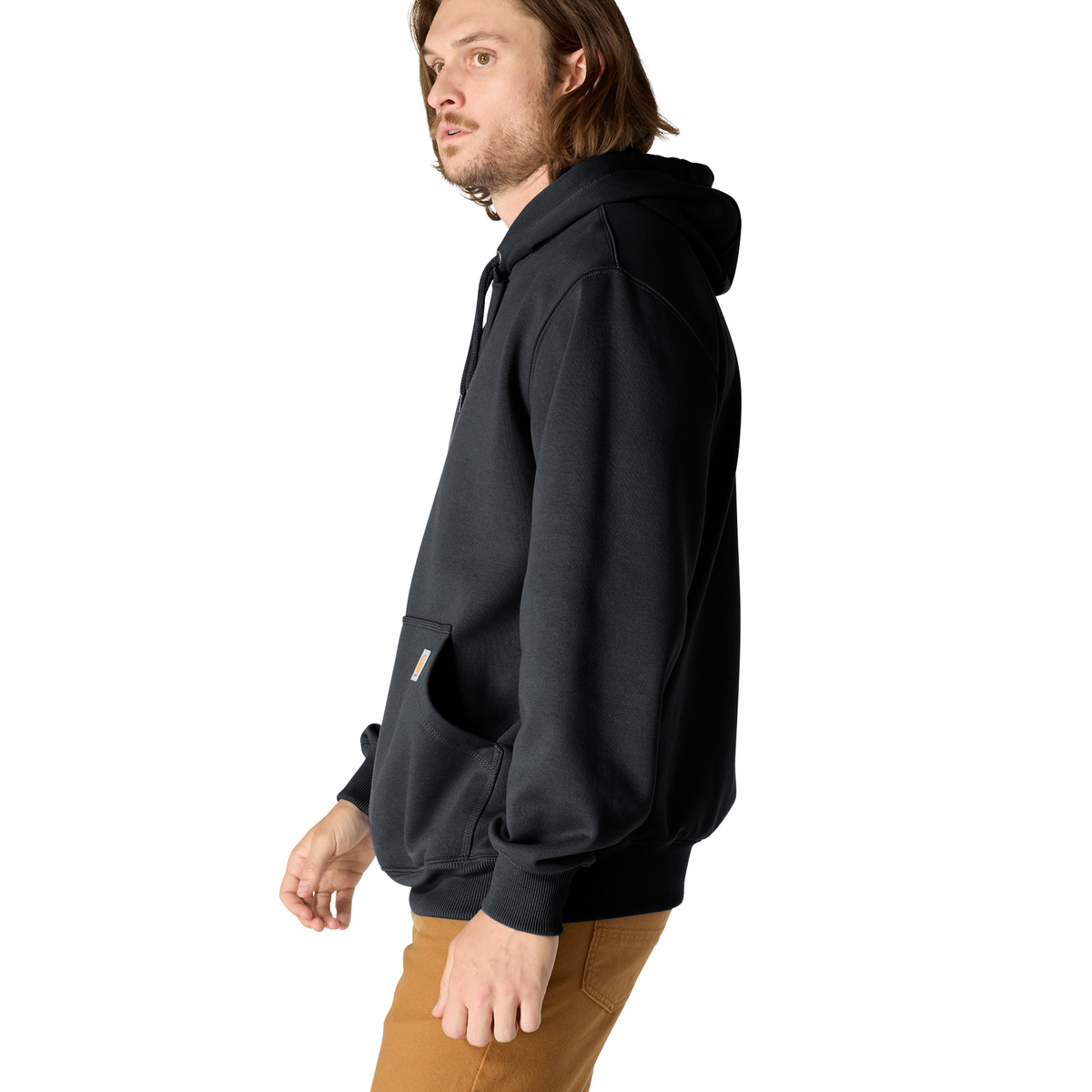 Black Carhartt Men's Paxton Sweatshirt showing a comfortable, casual fit with the Carhartt logo on the chest.