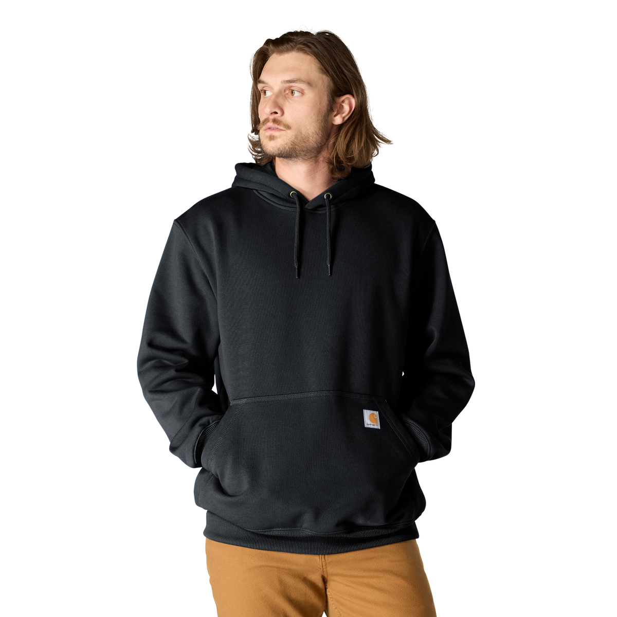 Black Carhartt men's Paxton sweatshirt with a crew neck and ribbed cuffs, made of soft, durable fabric.