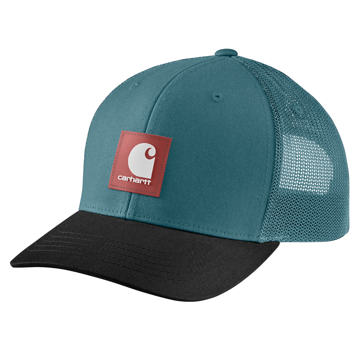 Carhartt men's Rugged Flex twill mesh-back baseball cap with logo patch in harbor teal and black.