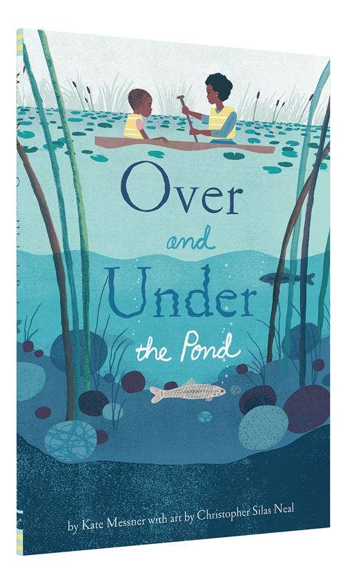 Illustration from Chronicle Books' "Over and Under the Pond" showing aquatic animals and plants in a vibrant pond scene.