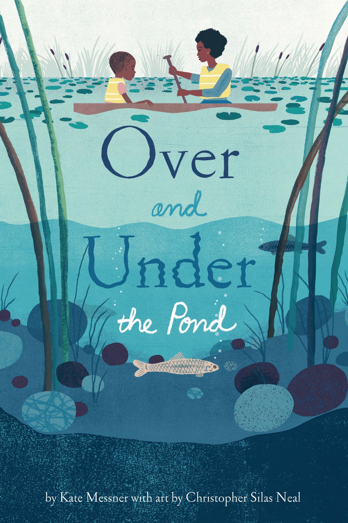 Illustration from Chronicle Books' "Over and Under the Pond" showing underwater scenes with fish and pond plants.