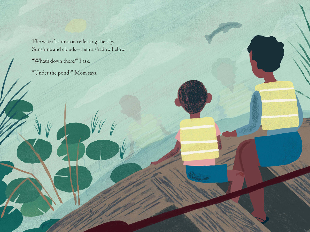 Illustration from Chronicle Books' "Over and Under the Pond" book showing underwater and pond surface scenes with animals.