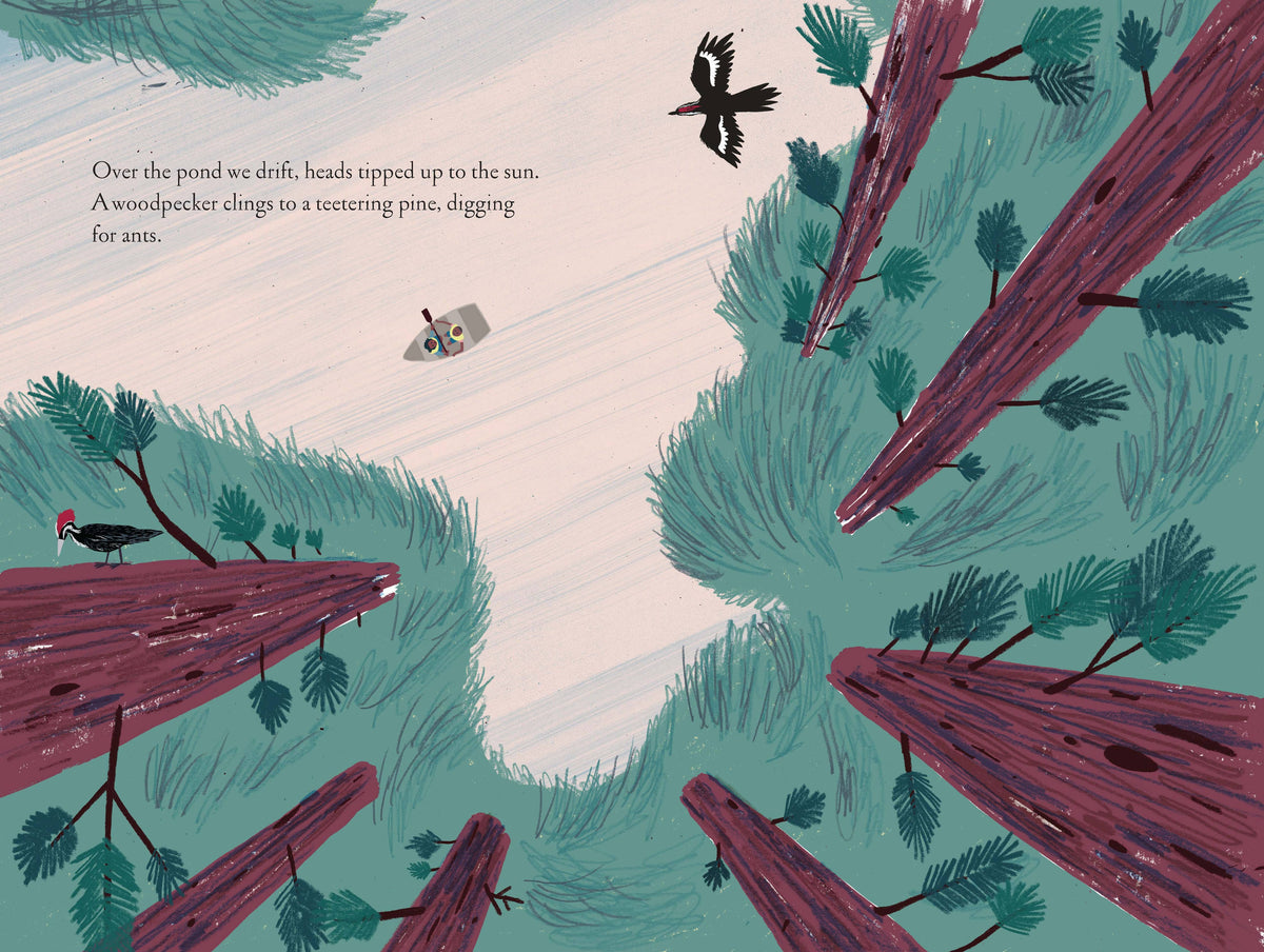 Illustration from Chronicle Books' "Over and Under the Pond" showing underwater scenes and pond life in a colorful children’s book style.