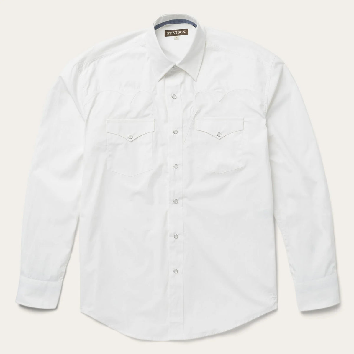 Men's Stetson snap poplin shirt in optic white, featuring a classic fit and button-down collar, ideal for casual or dressy occasions.