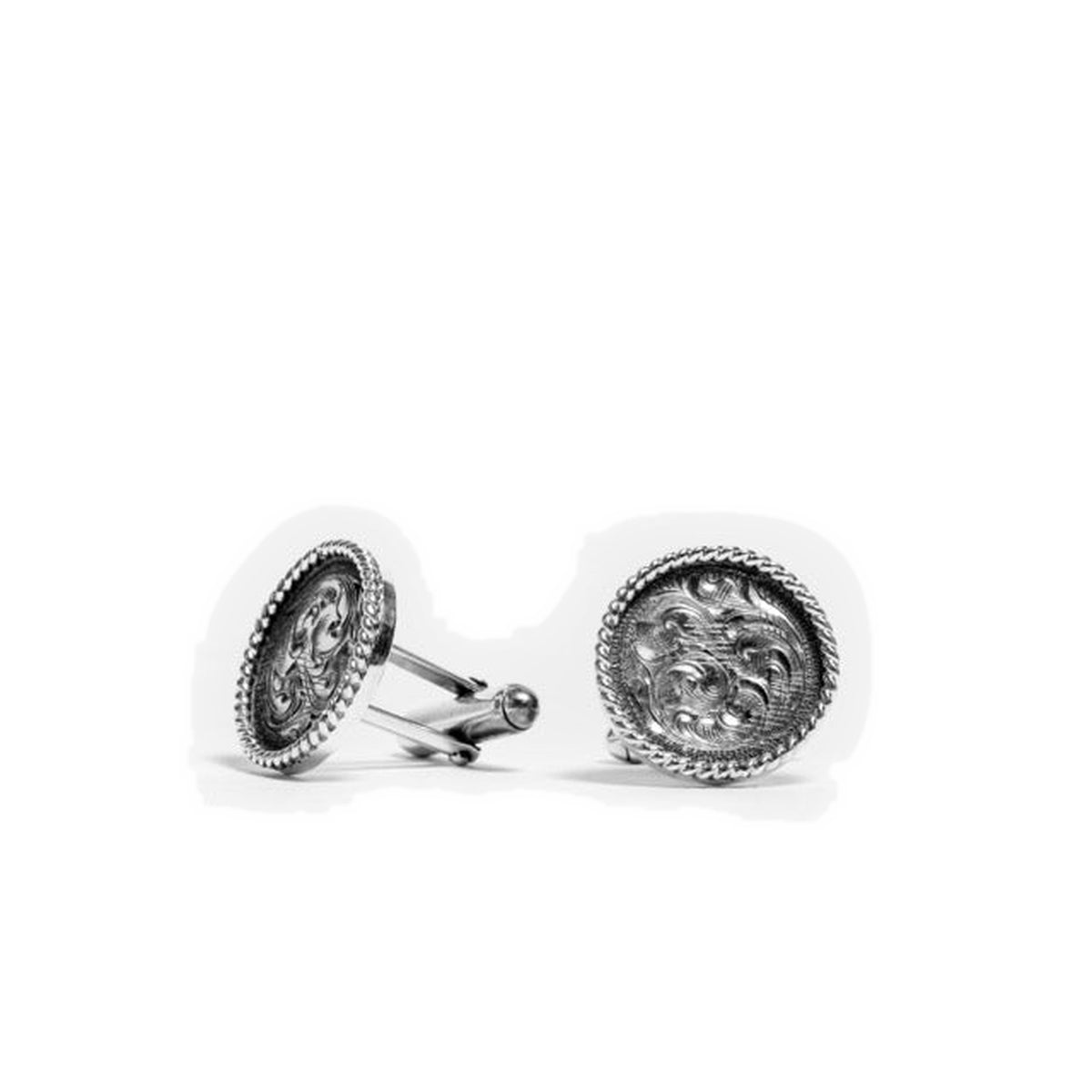 Clint Orms 1811 sterling silver round cuff links with rope edge and hand-engraved scrollwork