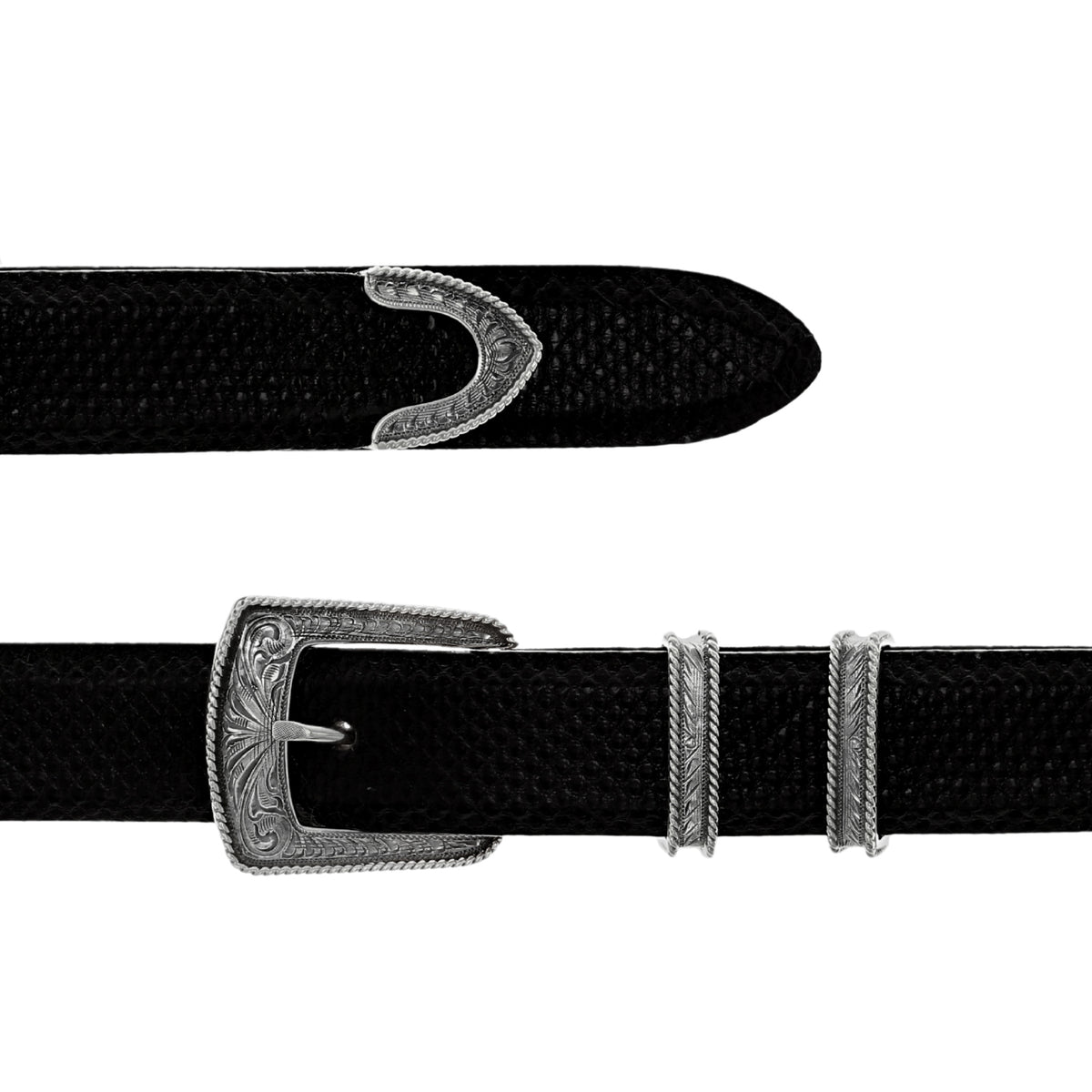 Clint Orms Galveston 1801 sterling silver four-piece ranger buckle set on a black belt