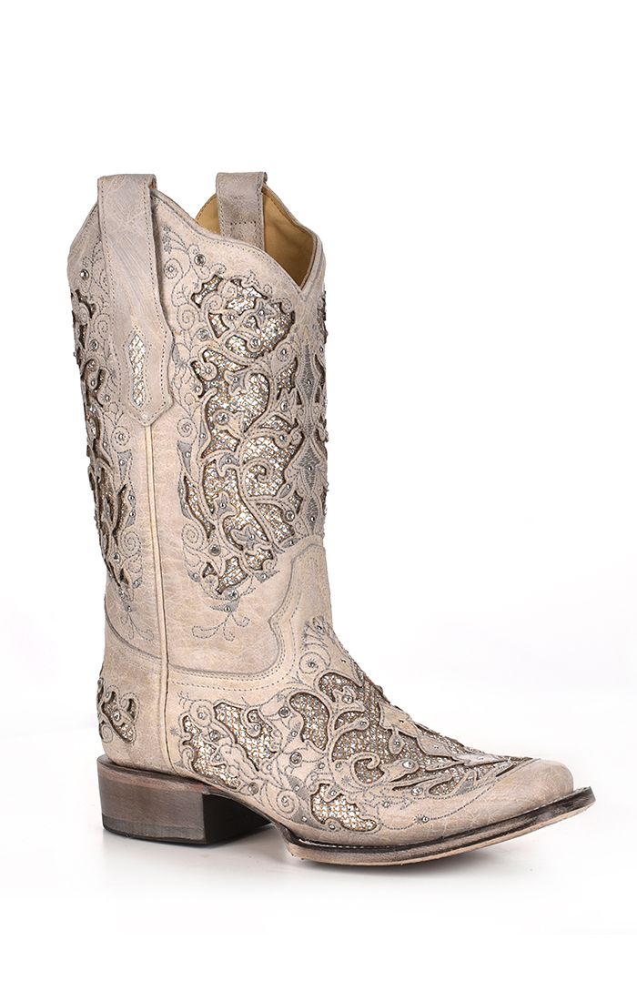 Corral women's white glittered inlay and crystal square toe cowboy boots with Western stitching and stacked heel.