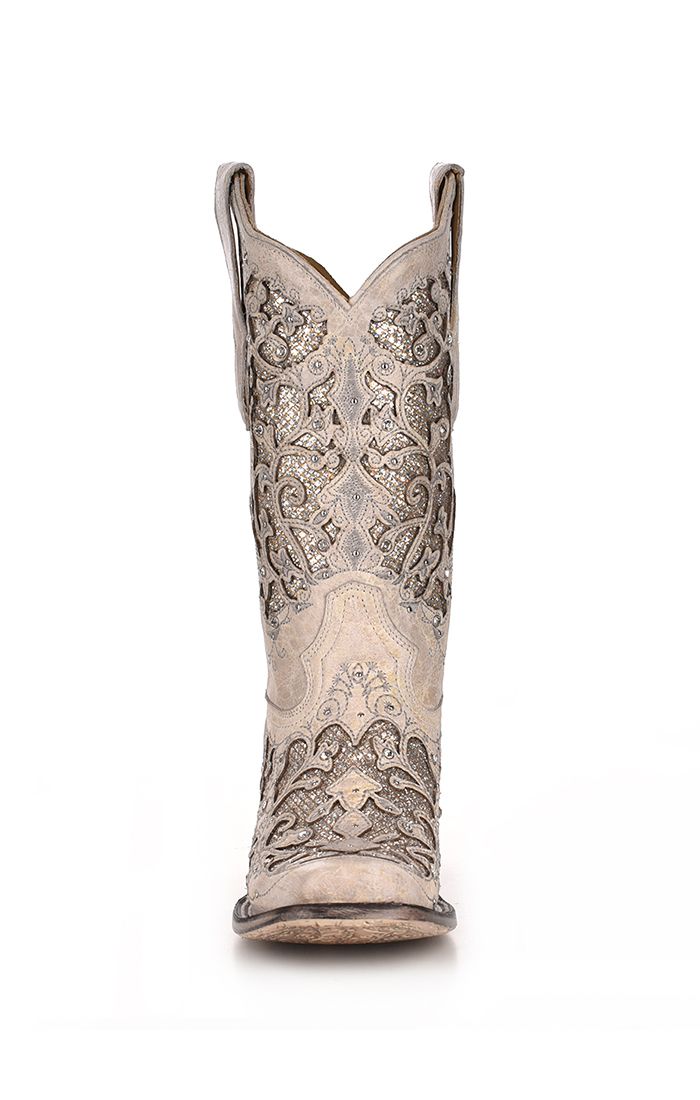 Corral women's white glittered inlay and crystal square toe cowboy boots with Western style and intricate detailing.