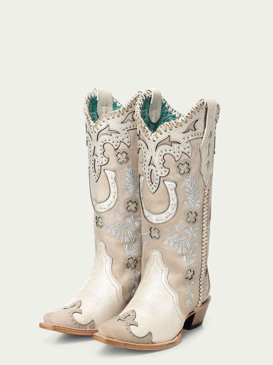 Corral Women's Horseshoe Overlay Embroidery and Handwoven Snip Toe Cowboy Boot, Bone – pair 3-4 front
