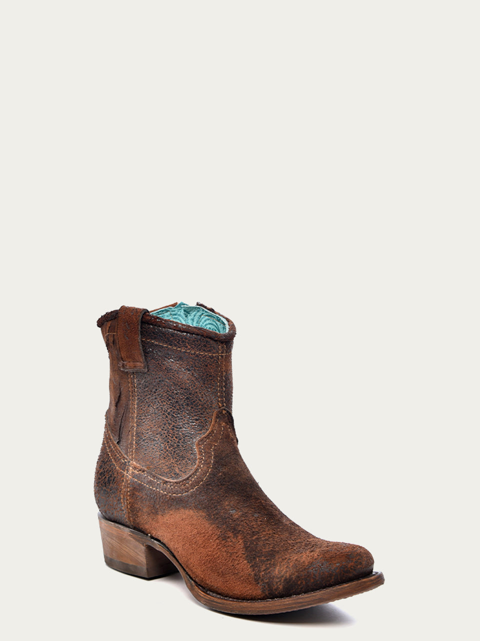 Corral Women's Lamb Abstract Round Toe Ankle Bootie with Zipper, Chocolate Tan – 3-4 front