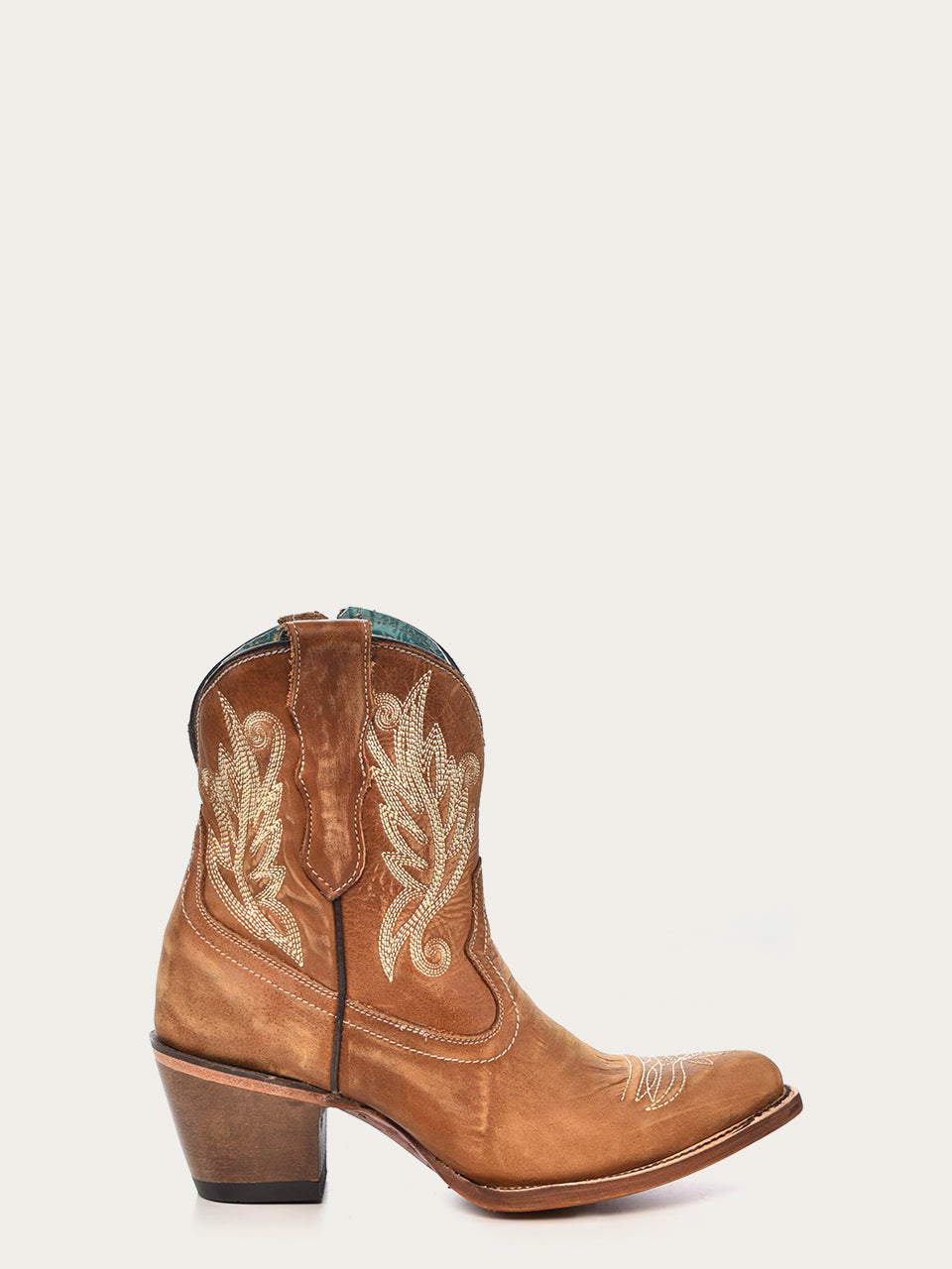Corral Women's White Embroidery J-Toe Ankle Boot with Zipper, Golden Tan – side