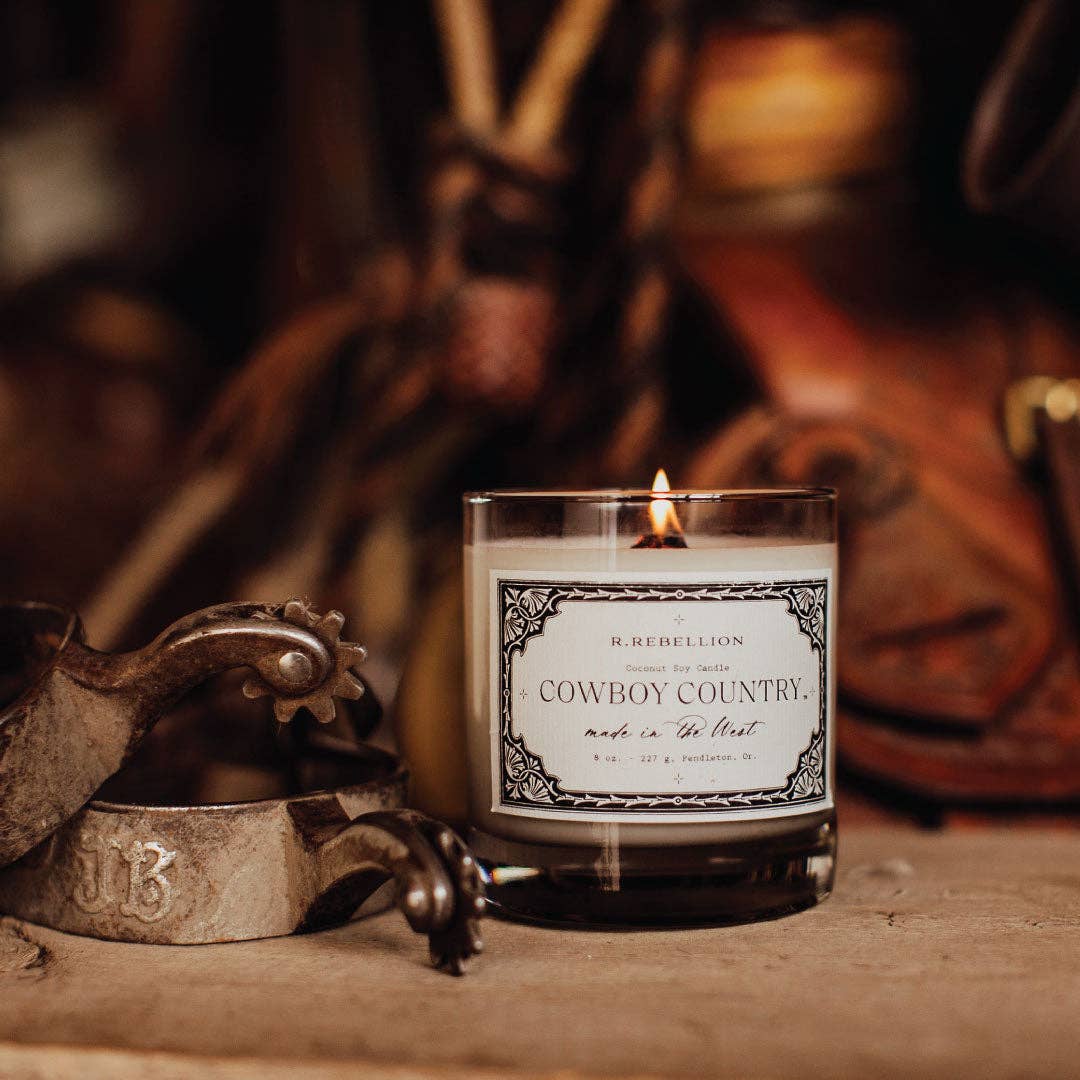 R. Rebellion Cowboy Country Candle, 8 oz – lifestyle