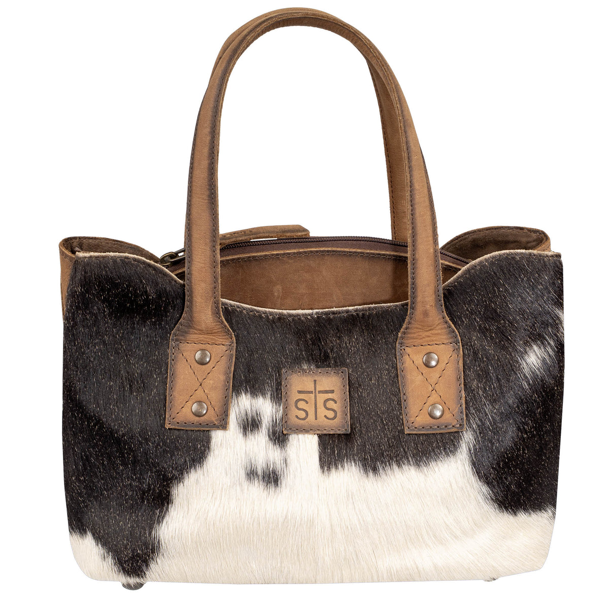 Cowhide Josie Satchel by Shawnee Outfitters with leather handles and brass hardware, showcasing a stylish and durable handbag.