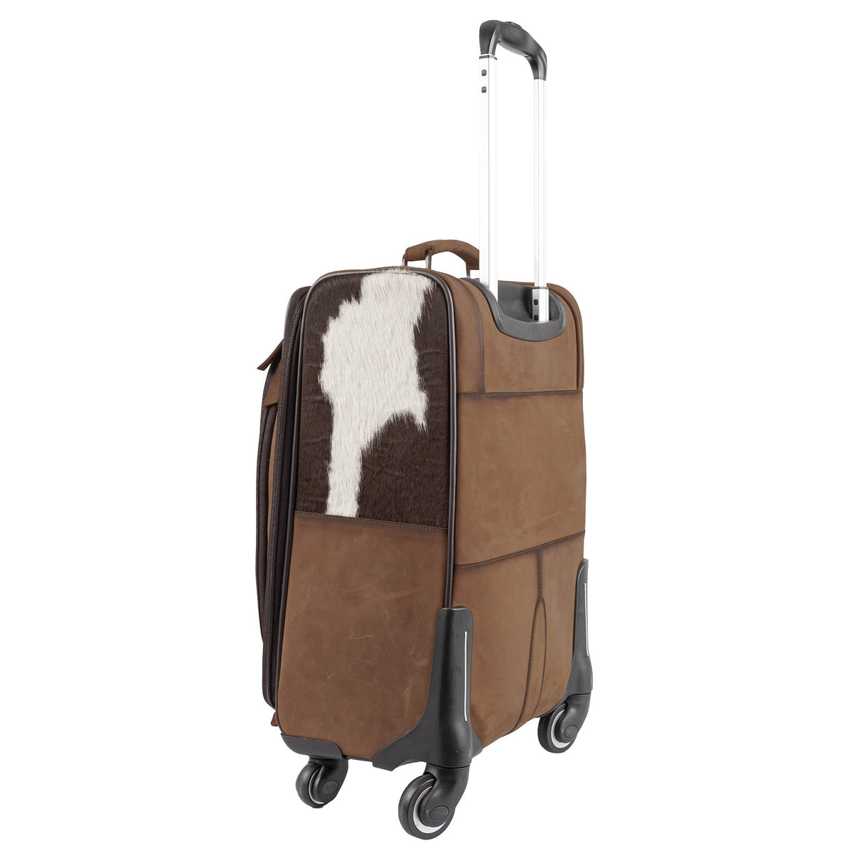 STS Ranchwear cowhide rolling suitcase with leather accents, sturdy wheels, and a spacious interior for travel durability and style.