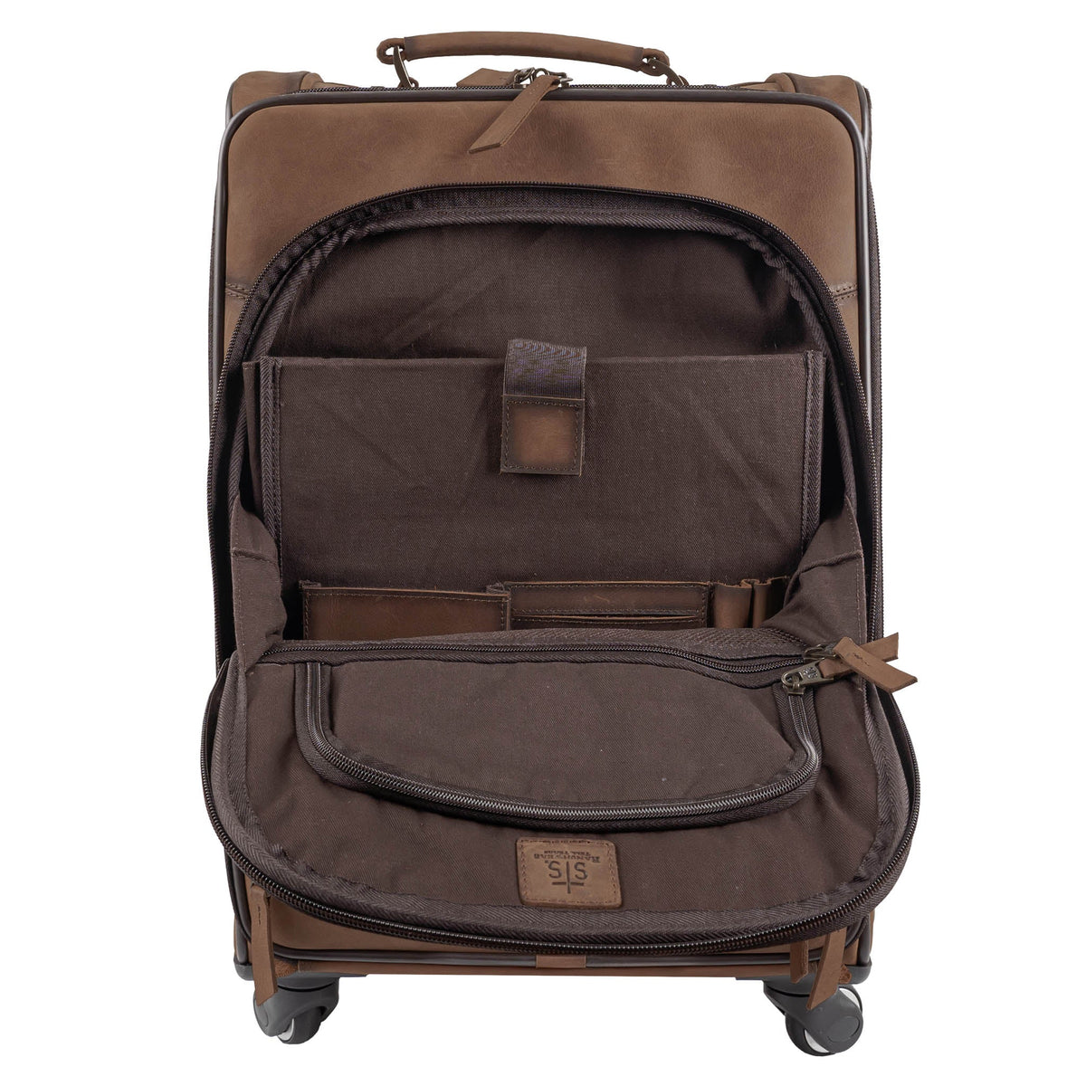 Cowhide rolling suitcase by STS Ranchwear featuring durable leather with rustic cowhide pattern and sturdy wheels.