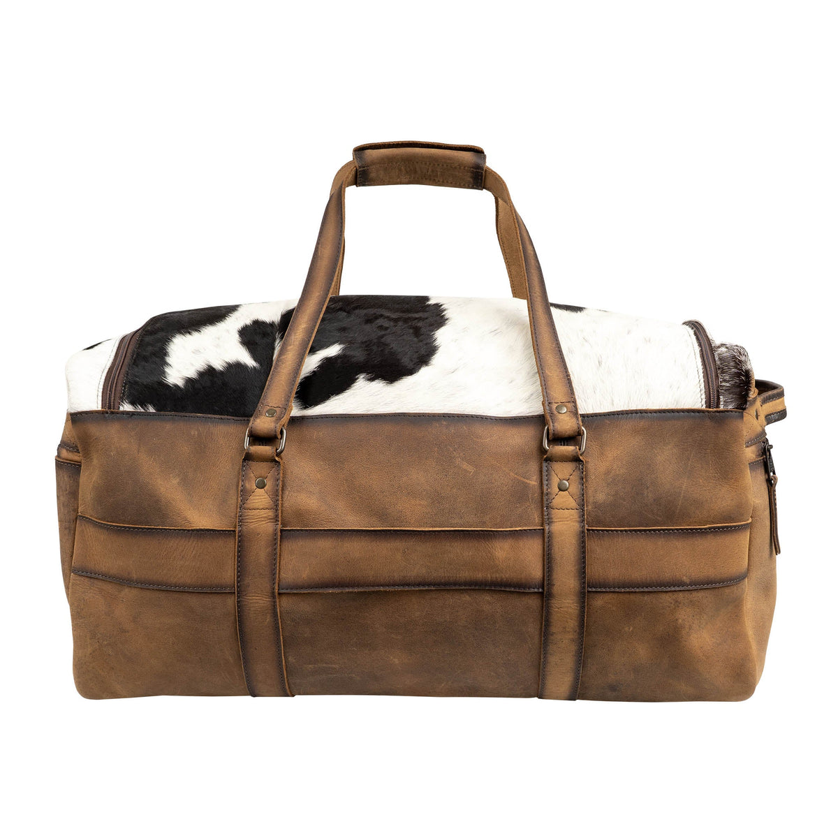 Cowhide Rustler Duffle bag by STS Ranchwear featuring durable leather and rustic cowhide details.