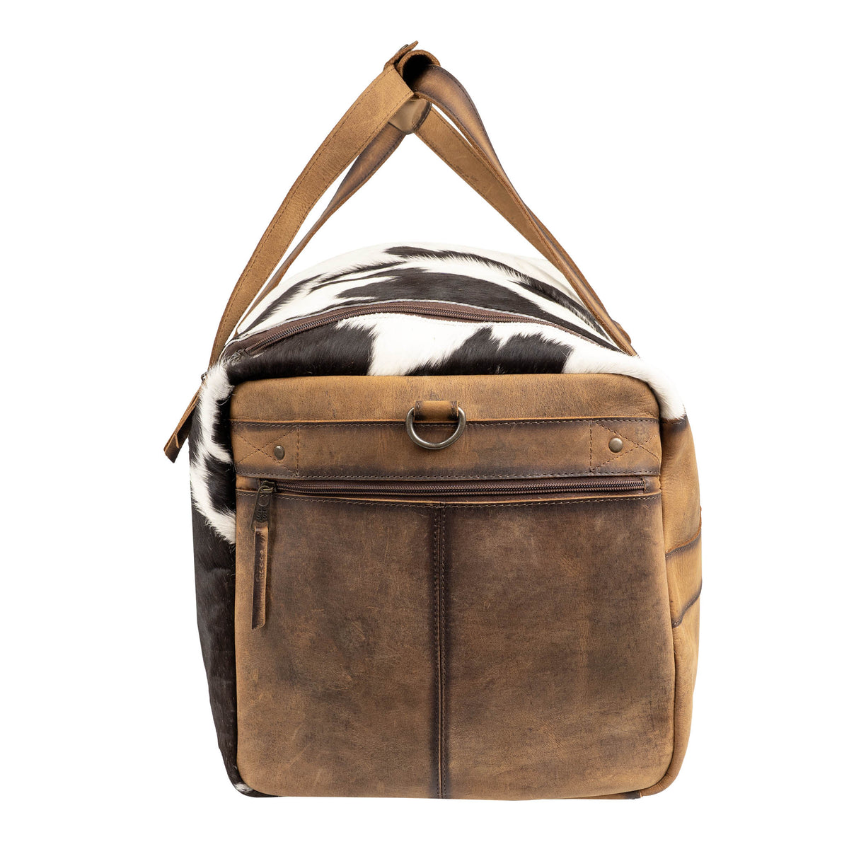 STS Ranchwear Cowhide Rustler Duffle bag with rugged leather and cowhide accents, featuring sturdy handles and spacious interior.