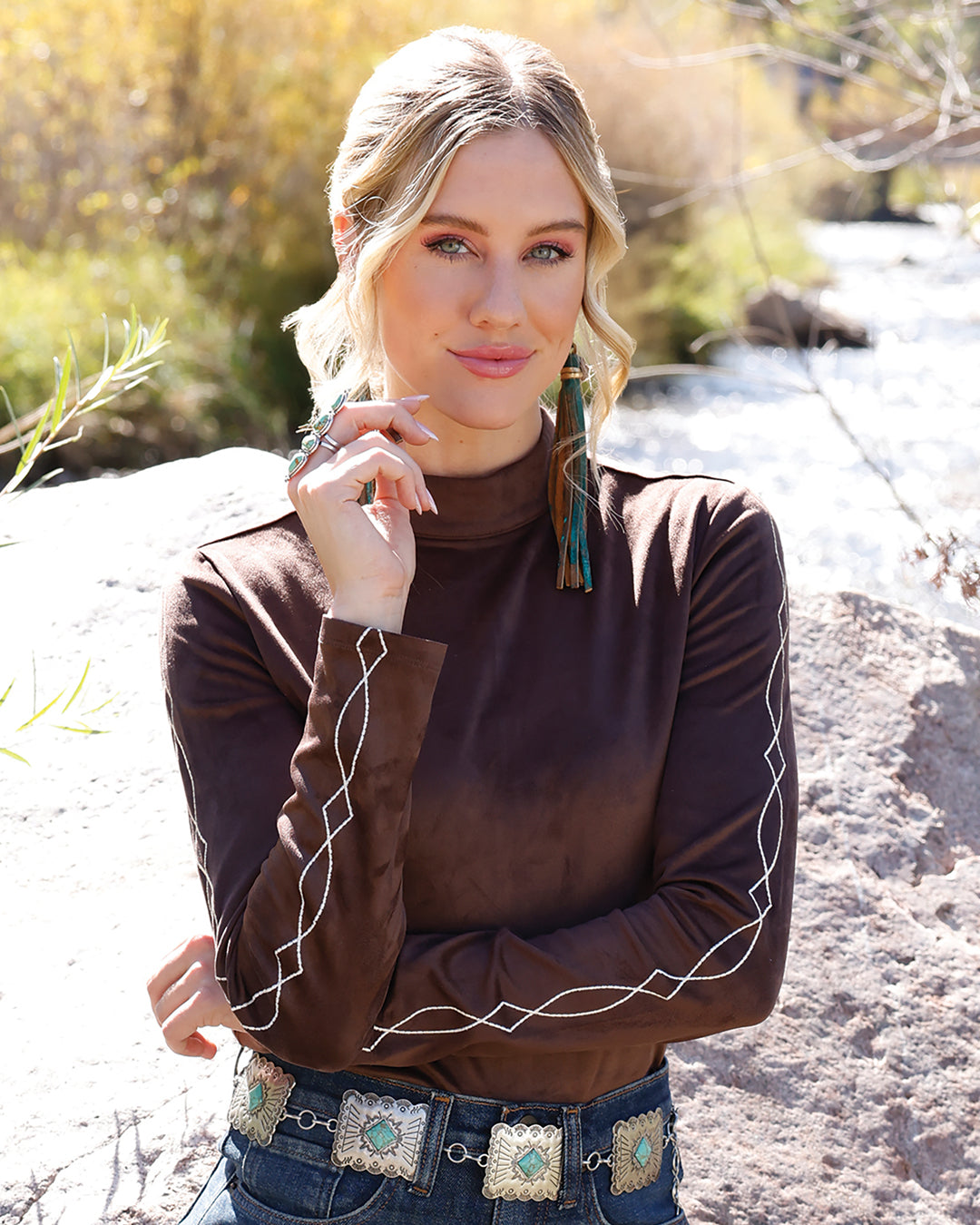 Cruel Denim Women's Stretch Faux Suede Long Sleeve Top, Brown – front