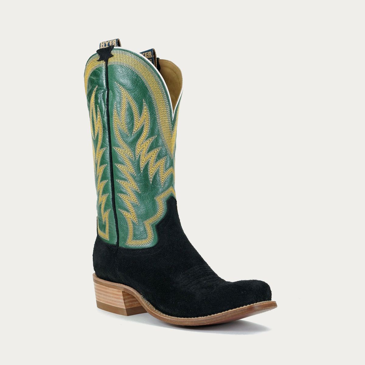 Black HYER Men's Culver Cowboy Boots with grass-green accents and classic Western stitching, stylish and durable for everyday wear.