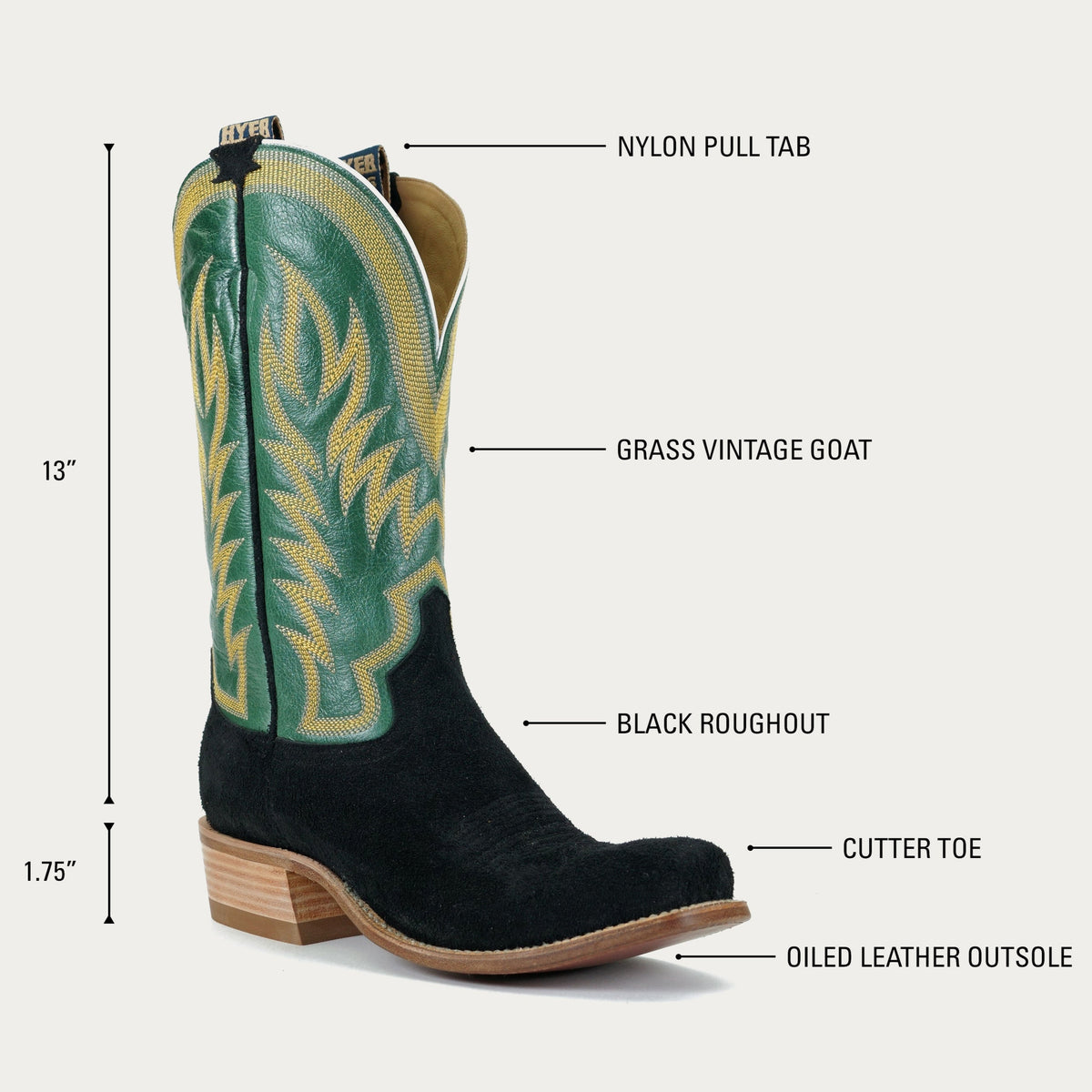 HYER Men's Culver cowboy boots in black and grass color, featuring classic Western design and sturdy leather construction.