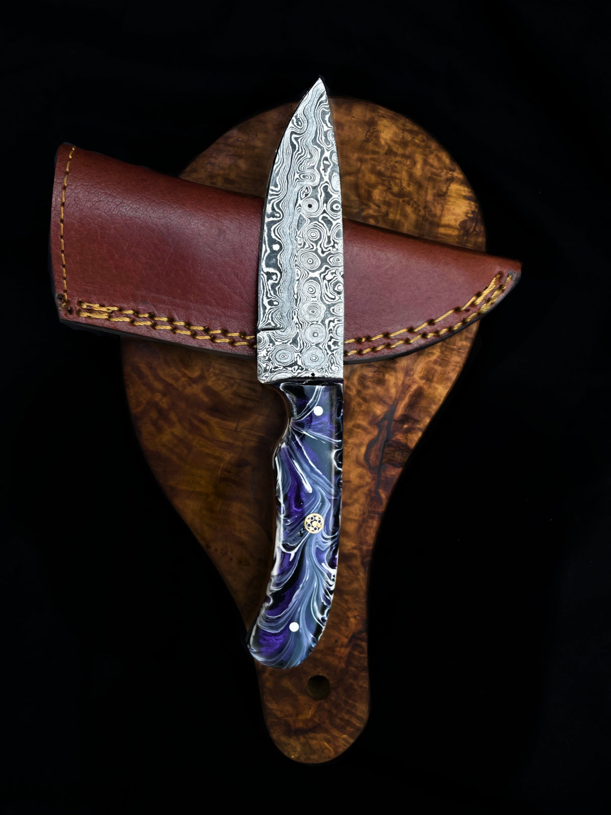 Damascus Steel EDC Knife by Titan TD-702 Midnight Prism for hunting and survival, featuring a detailed Damascus blade and black handle.