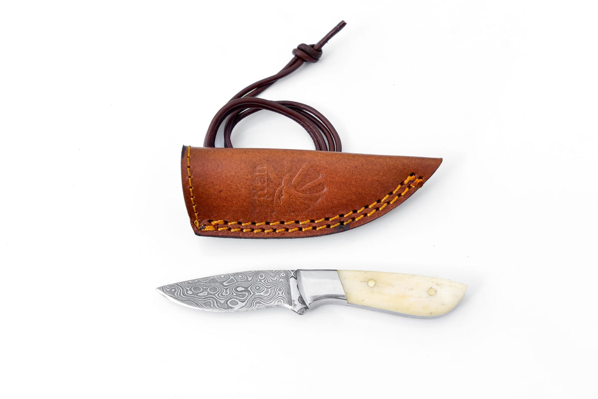 Damascus Steel Neck Knife TK-093 by Titan International K, featuring a patterned Damascus blade and a black neck sheath.