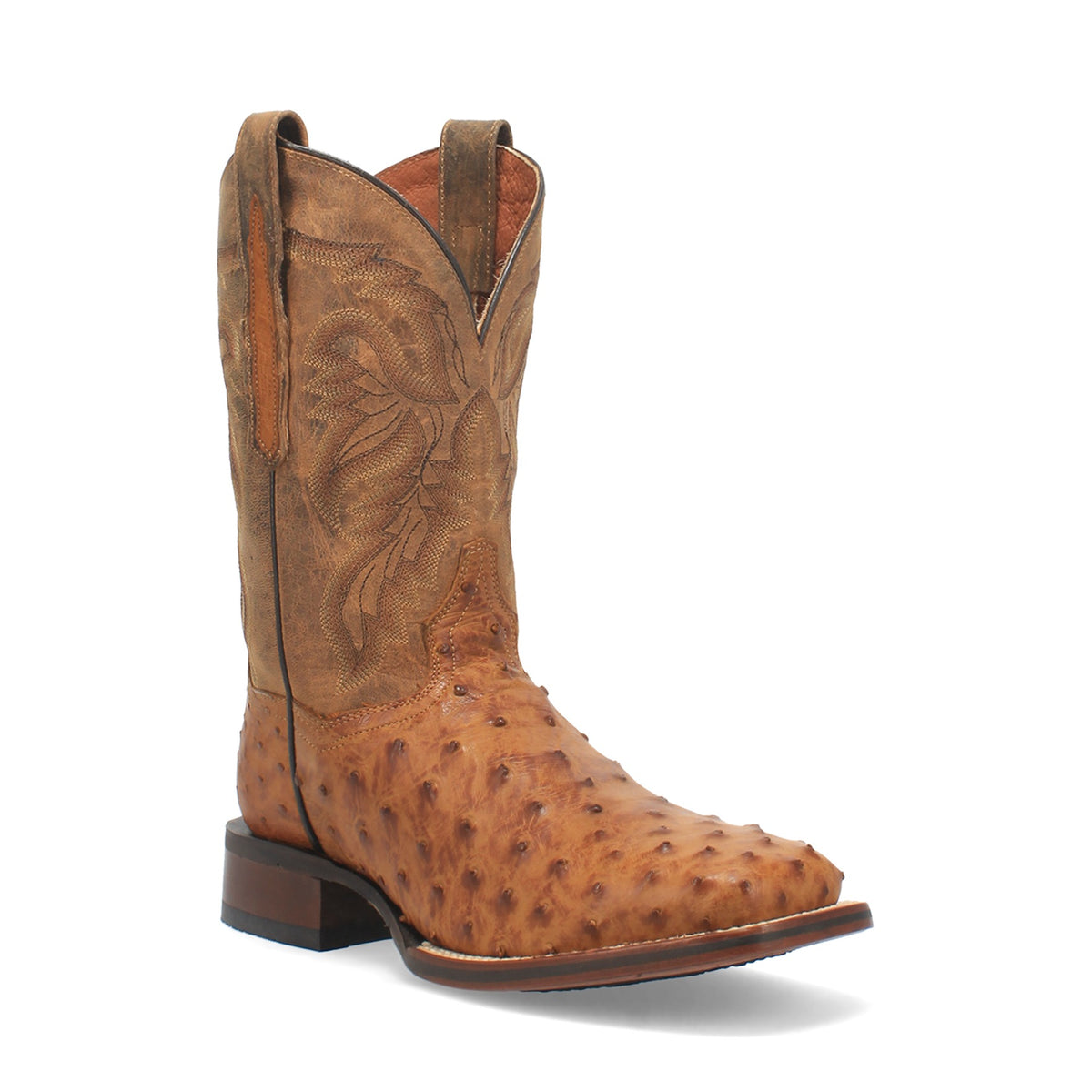 Dan Post Men's Alamosa Full Quill Ostrich Boot, Saddle Tan – 3-4 front