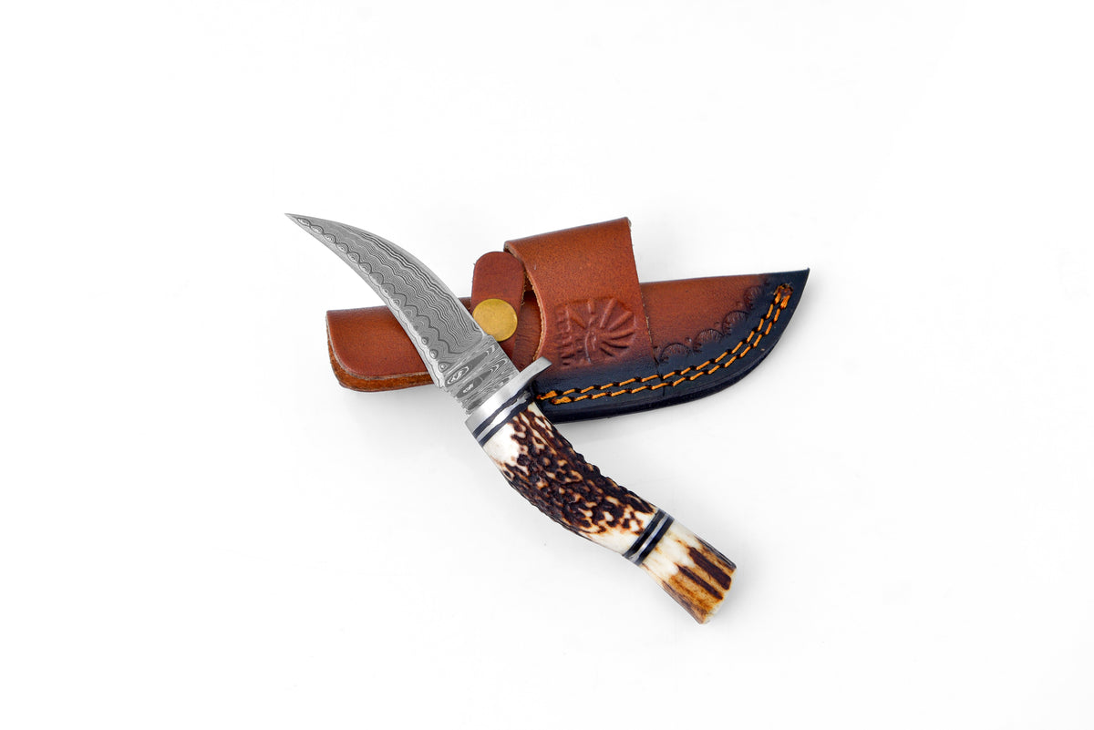 Titan International K Deer Horn Trailblazer Damascus hunting and survival knife with a deer horn handle and Damascus blade.