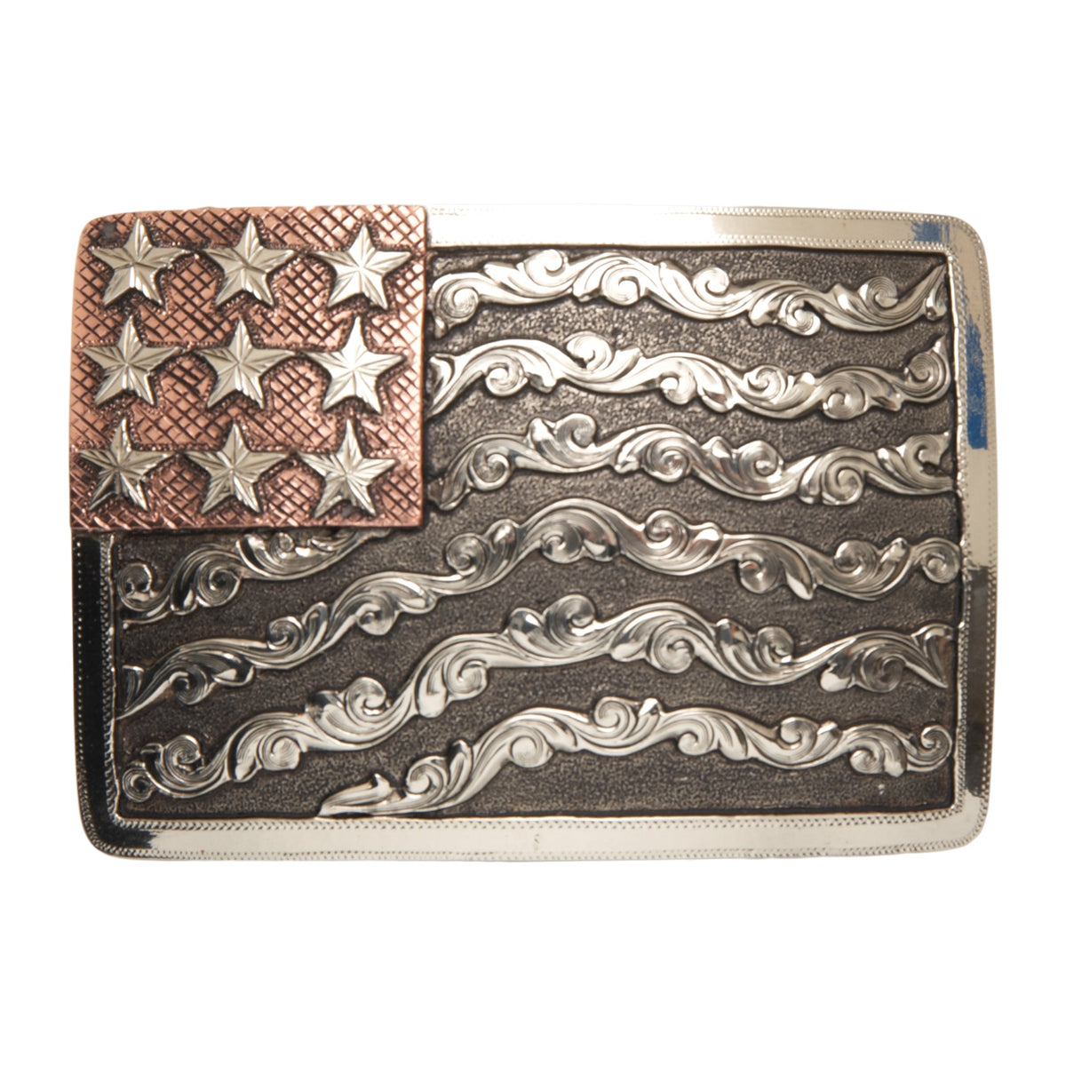 AndWest Denali scrolled waving American flag belt buckle featuring detailed patriotic design and metal finish.