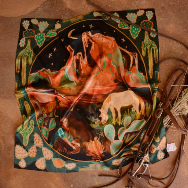 Tirzah Lane Art desert nights large bandana made of 100% Mulberry silk, 35x35 inches with western wild cowgirl design.