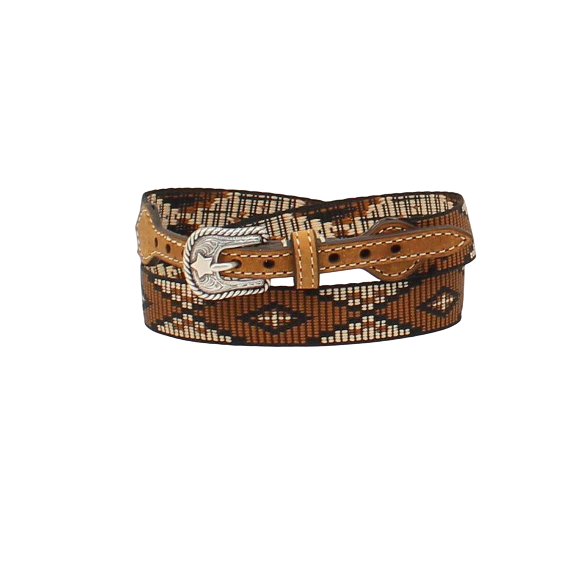 M&F diamond brown ribbon hat band wrapped around a hat, featuring elegant textured fabric and decorative stitching.