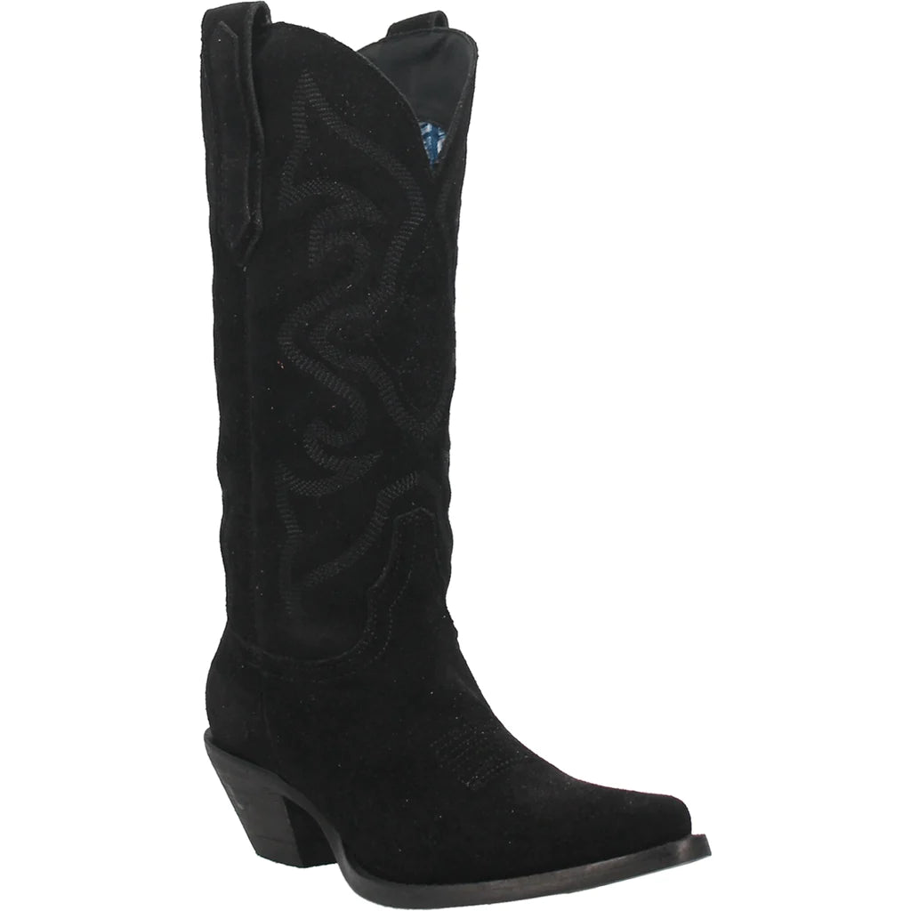 Dingo Women's Out West black cowboy boots with pointed toes and decorative stitching, made of leather.