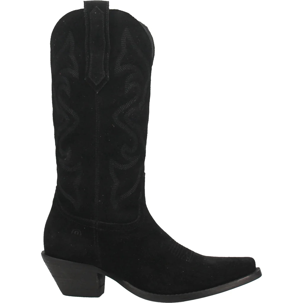 Dingo Women's Out West Black Boots with Western-style design and pointed toe, made of leather for a stylish western look.