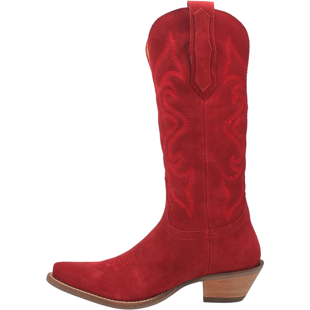 Dingo Women's Out West Red Boots featuring classic Western style with pointed toes and low heels, made of smooth leather.