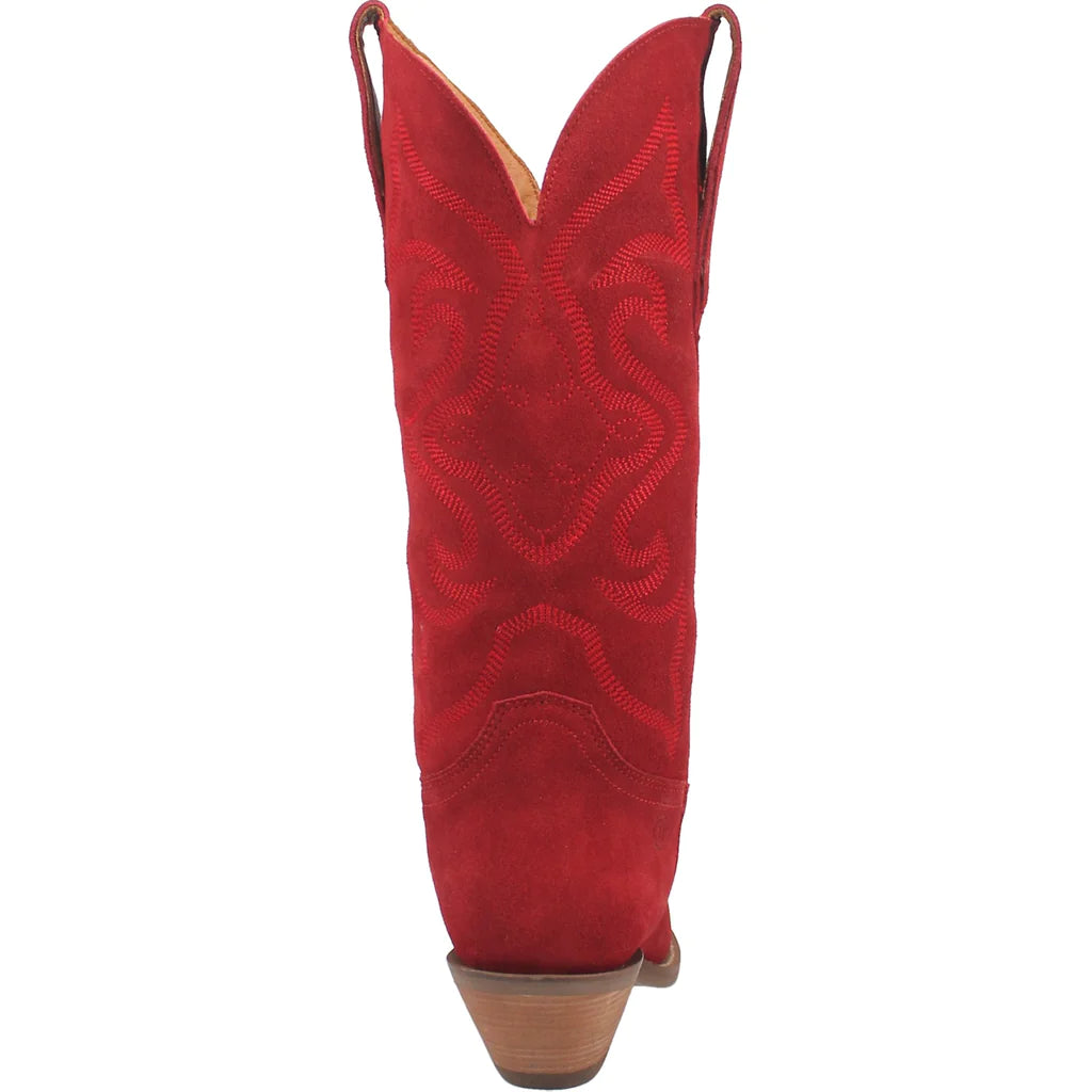 Dingo Women's Out West red cowboy boots with pointed toes and Western stitching details.