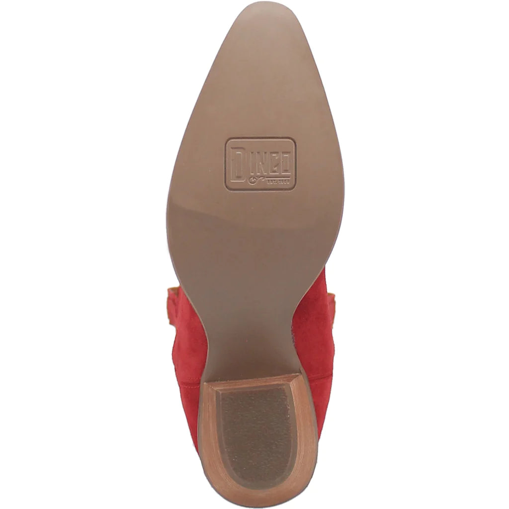 Dingo Women's Out West red cowboy boots with Western stitching and pointed toe, made of leather for a classic Western style.