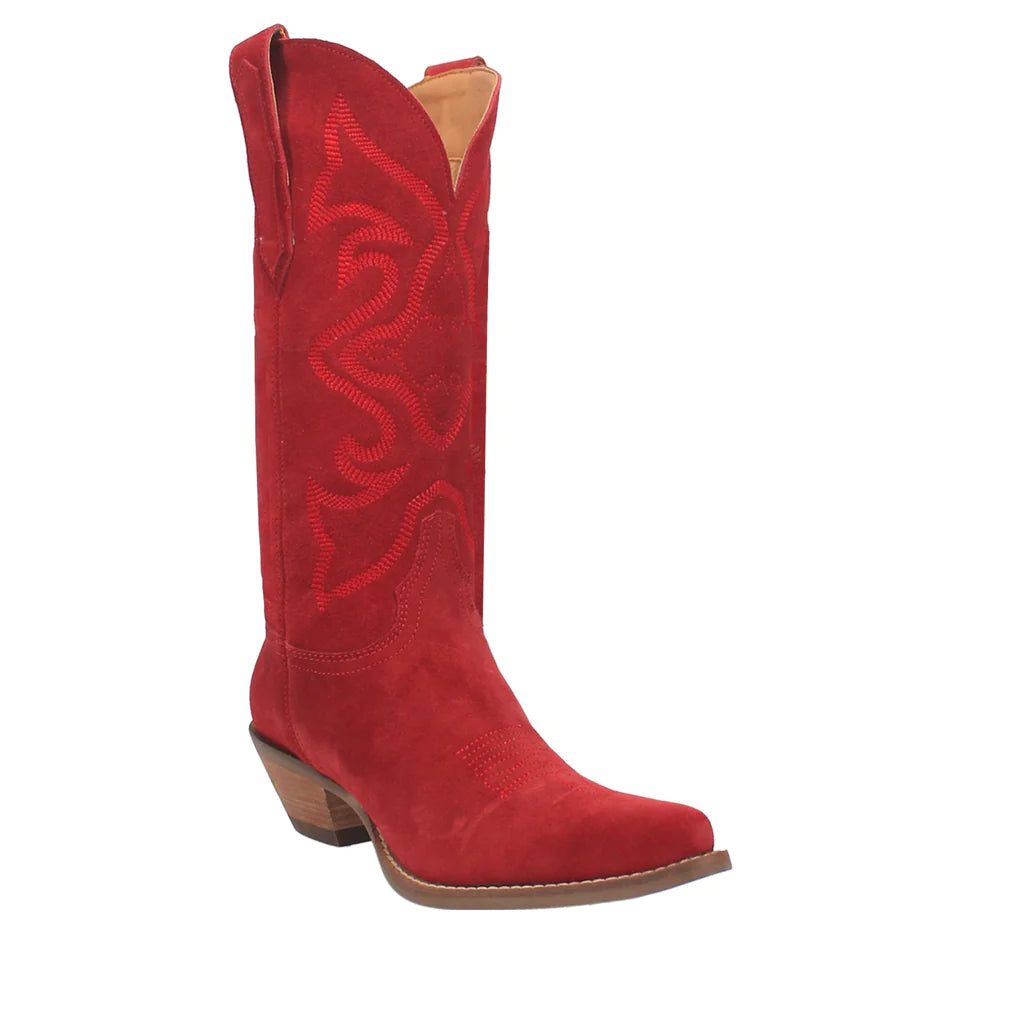 Dingo Women's Out West red cowboy boots with pointed toes and Western stitching, made of leather.